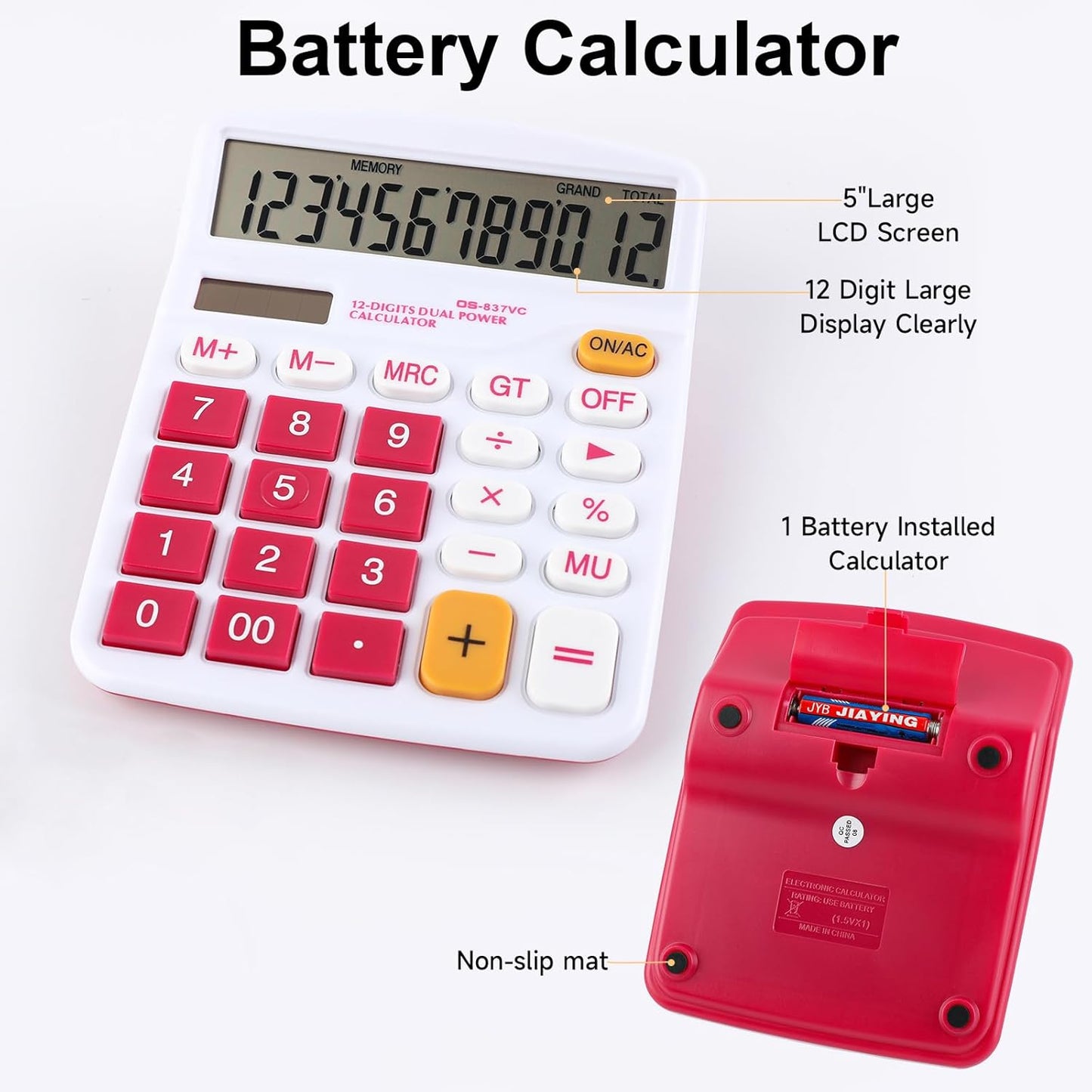 Desktop Calculator Solar Battery Dual Power 12 Digit Large LCD Display Financial Dedicated Large Standard Function Desktop Business Calculator for Office/Home/School KA08 Red