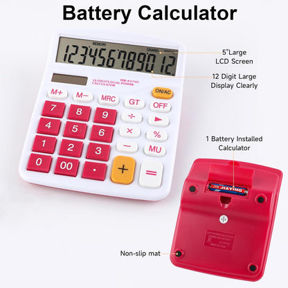 Desktop Calculator Solar Battery Dual Power 12 Digit Large LCD Display Financial Dedicated Large Standard Function Desktop Business Calculator for Office/Home/School KA08 Red