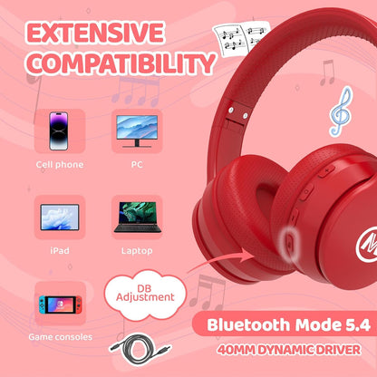 Headphones Kids Bluetooth 5.4 Wireless Play Time 68H Safe Volume Limit 85/94Db Over-Ear Foldable Headset,Fast Charging,With Aux Cord Built-In Mic for Toddler Child Pad Study Tablet Red