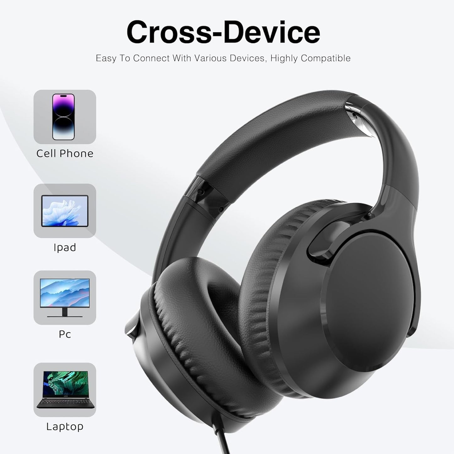 Wired Headphones Over-Ear Hi-Fi Sound with Microphone Adjustable Foldable, 1.5M Cord & 3.5Mm Jack, Lightweight Headset for Kids Adults PC Ipad Laptop Black