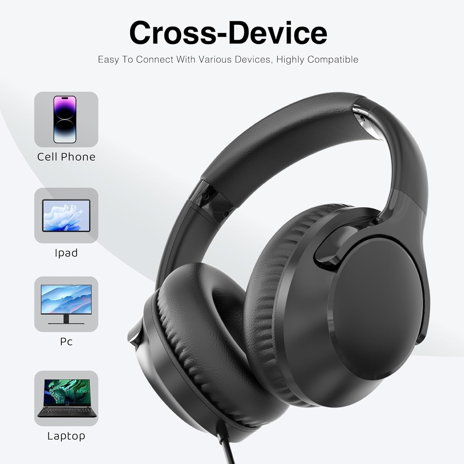 Wired Headphones Over-Ear Hi-Fi Sound with Microphone Adjustable Foldable, 1.5M Cord & 3.5Mm Jack, Lightweight Headset for Kids Adults PC Ipad Laptop Black