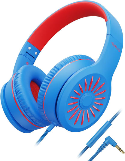 Wired Headphones with Microphone, K16 On-Ear Headphones for Kids with 3.5MM Jack, Foldable Stereo Bass Headphones for Teens School Amazon Kindle, Fire, Chromebook, Tablet(Light Blue Red)