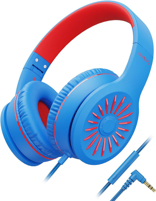 Wired Headphones with Microphone, K16 On-Ear Headphones for Kids with 3.5MM Jack, Foldable Stereo Bass Headphones for Teens School Amazon Kindle, Fire, Chromebook, Tablet(Light Blue Red)
