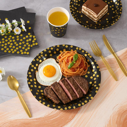Black and Gold Dot Paper Plates Set, 175 PCS Party Supplies, Disposable Dinnerware Set for 25 Guests, Gold Dot Paper Plates Napkins Cups Gold Plastic Forks Knives Spoons for Wedding Festival