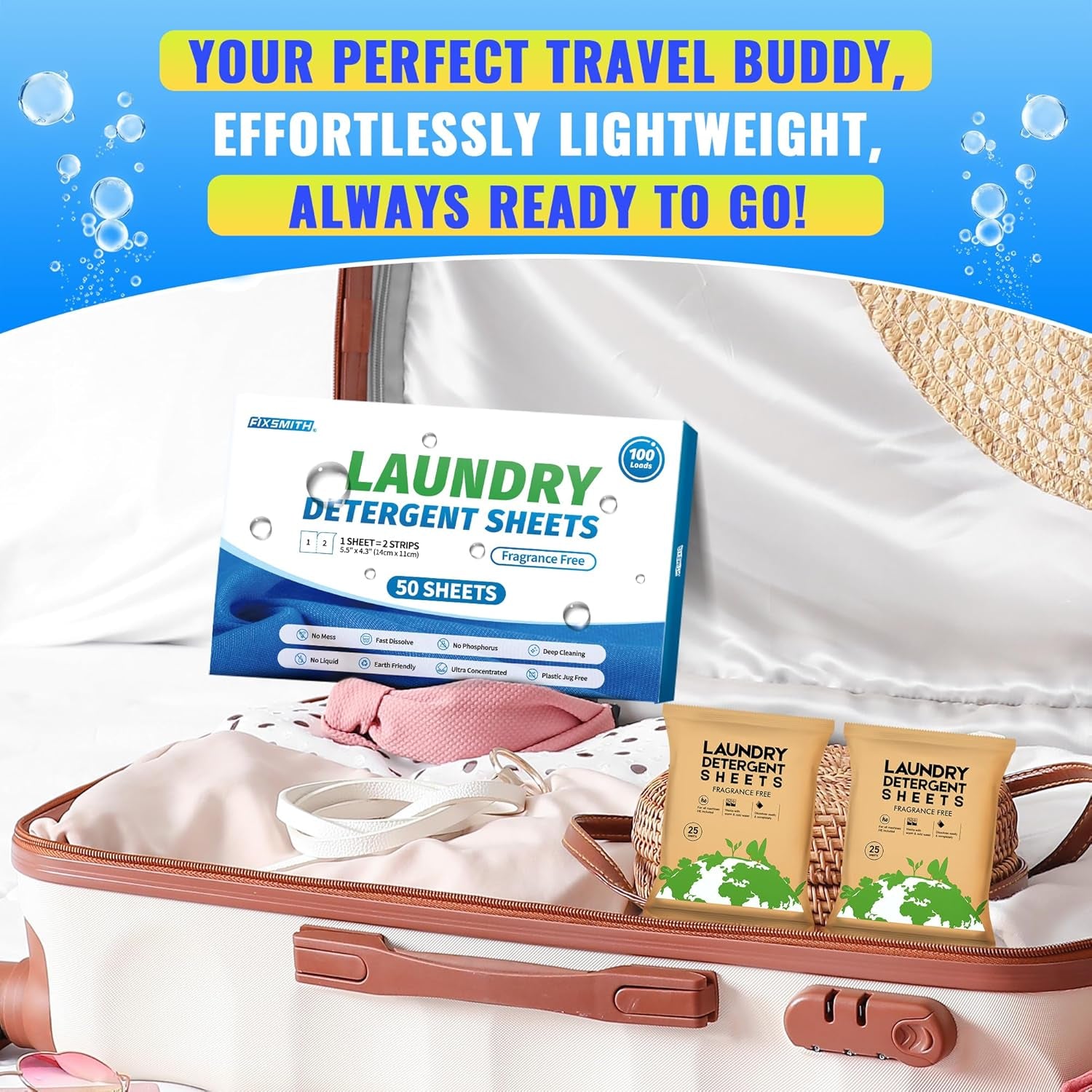 Laundry Detergent Sheets - 100 Loads (50 Sheets) Fragrance Free - Hypoallergenic,Unscented,Eco Friendly Laundry Detergent Strips Concentrated Travel Detergent Sheets.Plastic-Free,Liquidless
