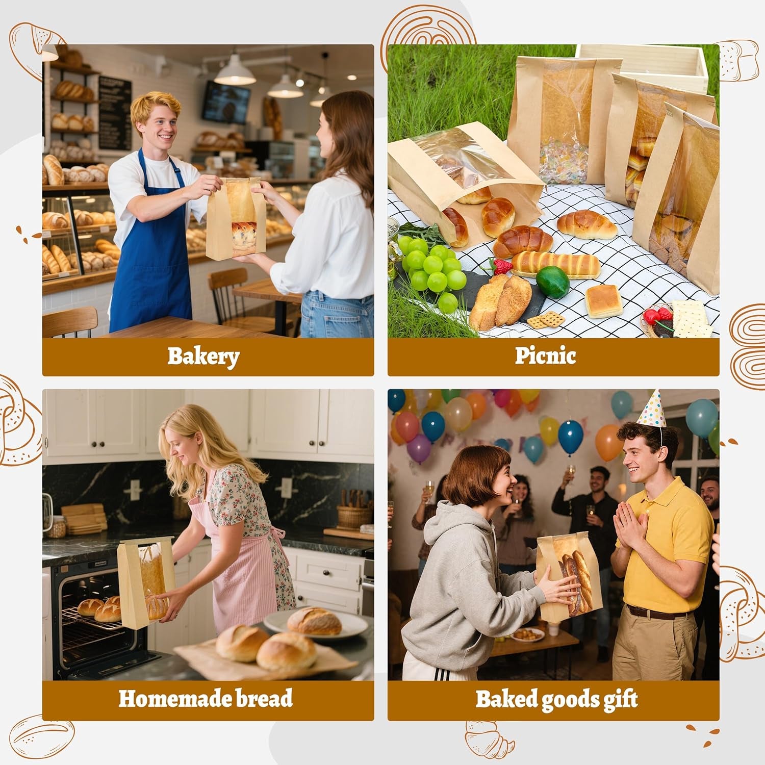 50 Pack Sourdough Bread Bags for Homemade Bread with Tin Tie Tab Lock Bakery Bags with Window Kraft Bag for Toast Sandwich Cookie Snacks Packaging Storage and Gifting(8.27X13.6X3.54In)