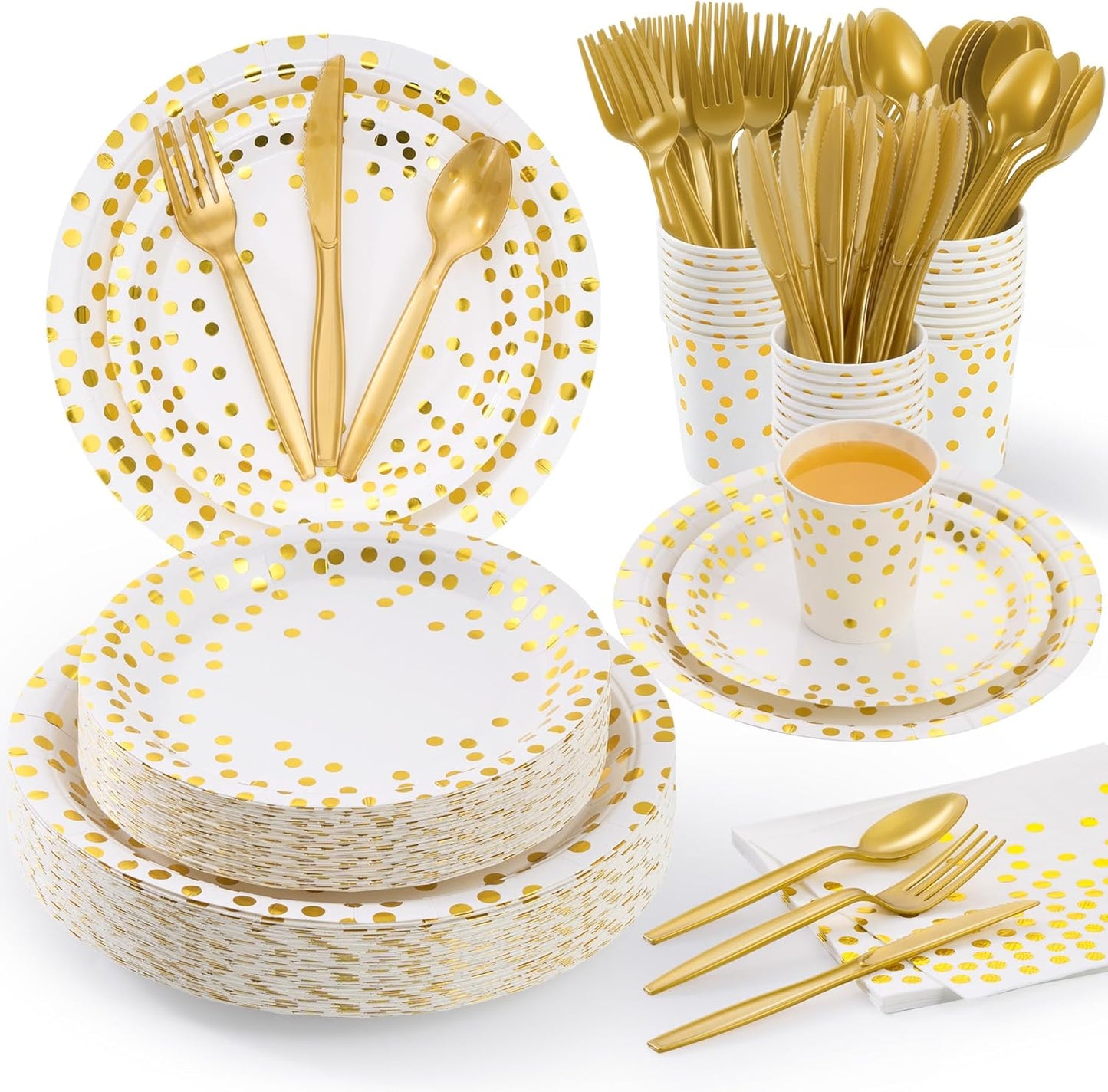 White and Gold Dot Paper Plates Set, 175 PCS Party Supplies, Disposable Dinnerware Set for 25 Guests, Gold Dot Paper Plates Napkins Cups Gold Plastic Forks Knives Spoons for Wedding Festival