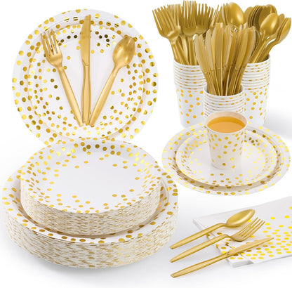 White and Gold Dot Paper Plates Set, 175 PCS Party Supplies, Disposable Dinnerware Set for 25 Guests, Gold Dot Paper Plates Napkins Cups Gold Plastic Forks Knives Spoons for Wedding Festival