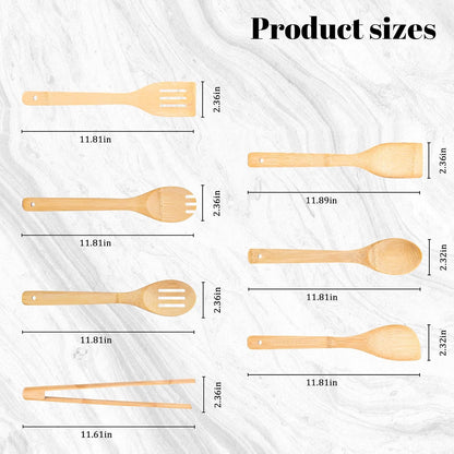 Wooden Utensils Set for Cooking, 7PCS Bamboo Kitchen Utensils Spatulas Spoons Tong for Stirring Serving Mixing Tossing Tasting
