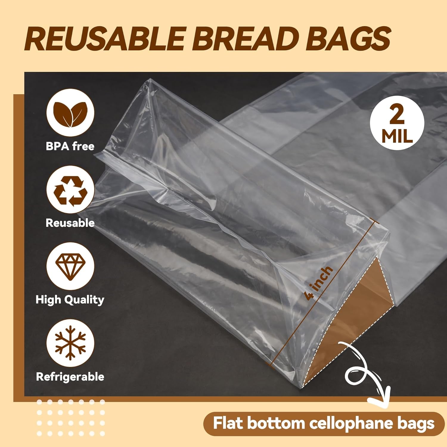 Plastic Bread Bags for Homemade Bread Loaf Bags Clear Sourdough Bag with Ties for Airtight Storage of Baked Goods(50Pack, 8X18X4In)
