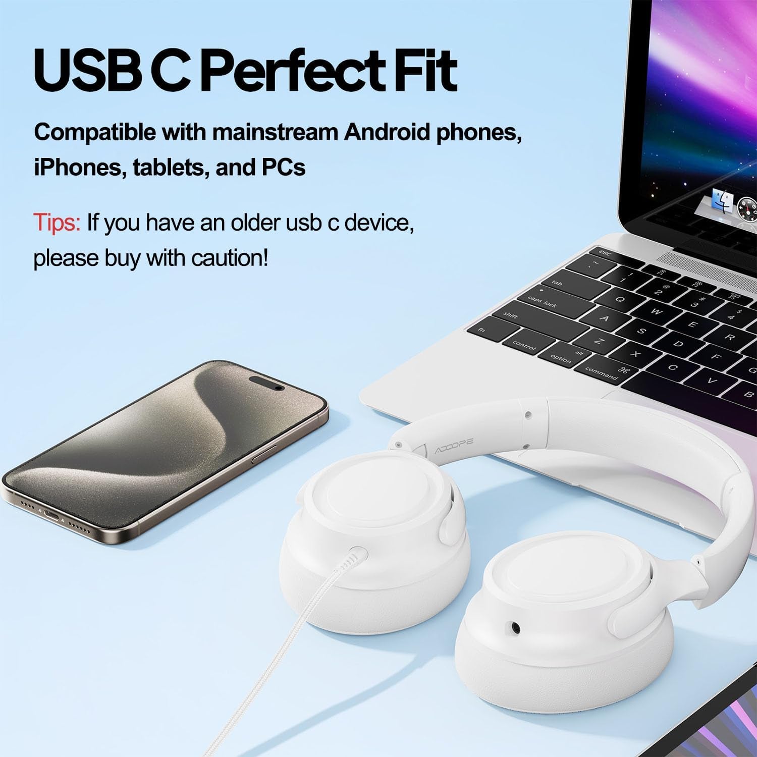 Wired Over-Ear Headphones with USB C Connector, Hi-Fi Stereo Sound, Noise-Isolating Ear Cups, Comfortable Fit for USB C Devices (No Bag, White)