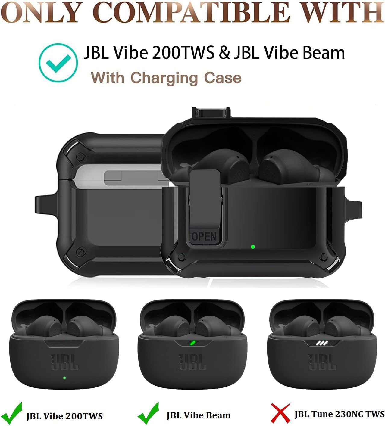 Compatible with JBL Vibe 200TWS/JBL Vibe Beam Case Cover Lock Clip with Cleaner Kit,Cool Protective Cover Men Women with Carabiner for JBL Vibe Beam 2 Charging Case - Black