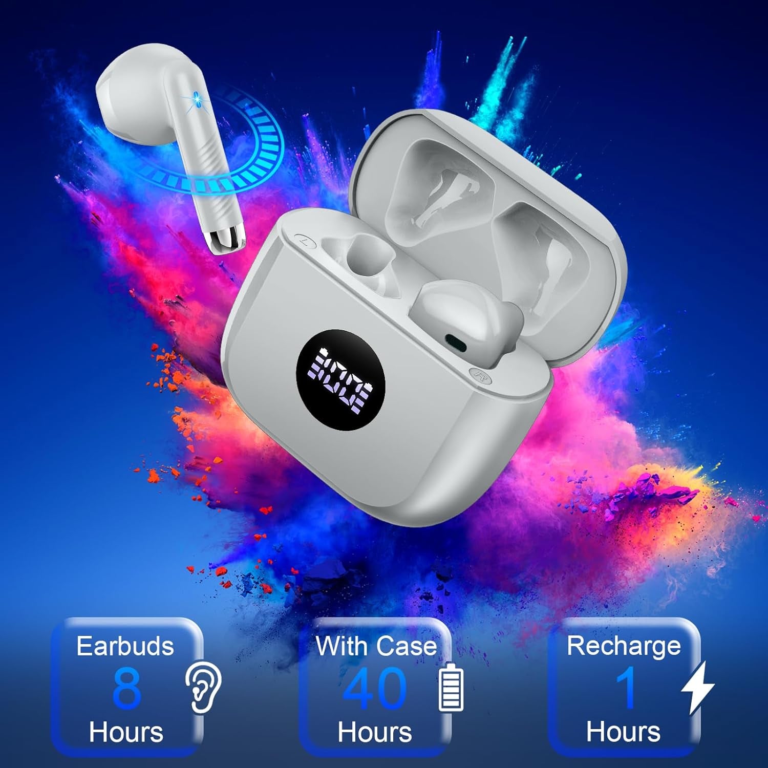 Wireless Earbuds, Bluetooth 5.4 Earbuds Stereo Bass, Bluetooth Headphones in Ear Noise Cancelling Mic, Sports Earphones IP7 Waterproof USB C, 40H Playtime Mini Charging Case Ear Buds Gray
