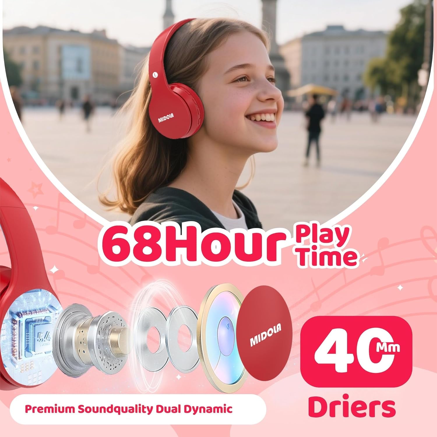 Kids Headphones Bluetooth 5.3 Wireless 60H Play Time Volume Limit 85/110Db over Ear Foldable Protection Headset/Wired AUX Cord Mic for Children Boy Girl Travel School Phone Pad Tablet Red
