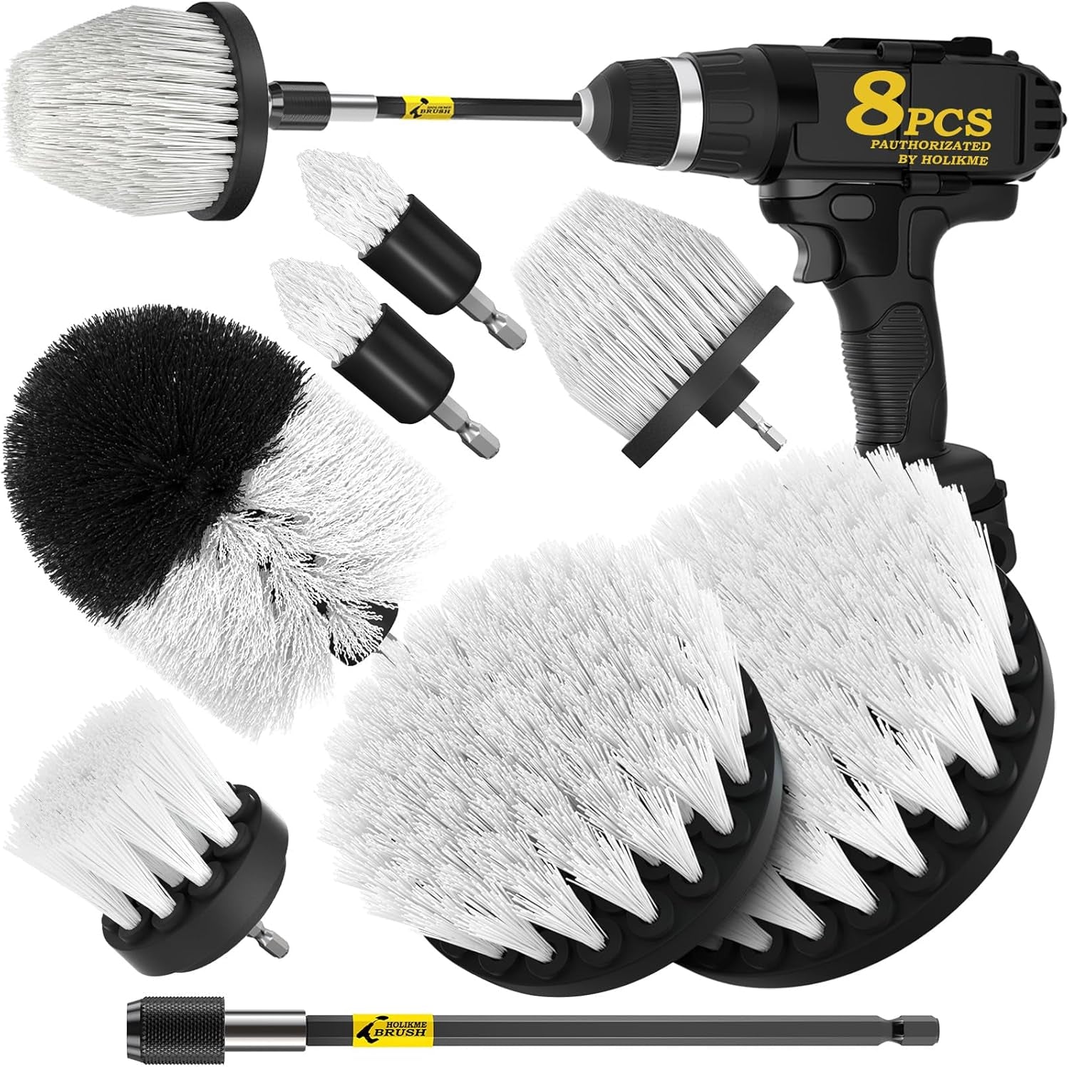 8 Piece Drill Brush Attachment Set, Power Scrubber with Extend Long Handle, Cleaning Supplies for Shower, Bathtub, Bathroom, Kitchen (White)