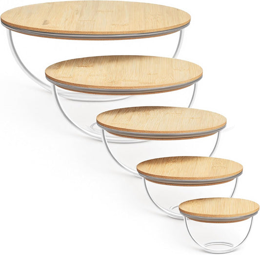 5 Pack Glass Mixing Bowls with Bamboo Lids Set (3.75/2.1/1.1/0.5/0.2 QT), Salad Bowl Set, Nesting Kitchen Bowls for Serving, Prepping, Cooking and Baking, Dishwasher & Microwavable Safe