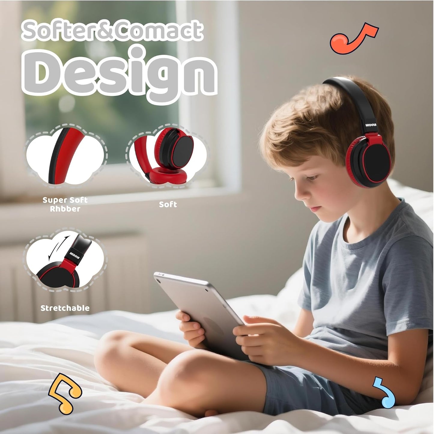 Kids Headphones Bluetooth 5.3 Wireless 60H Play Time Volume Limited 85/110Db over Ear Foldable Protection Headset/Wired Aux Built-In Mic for Boy Girl Travel School Pad Tablet Black