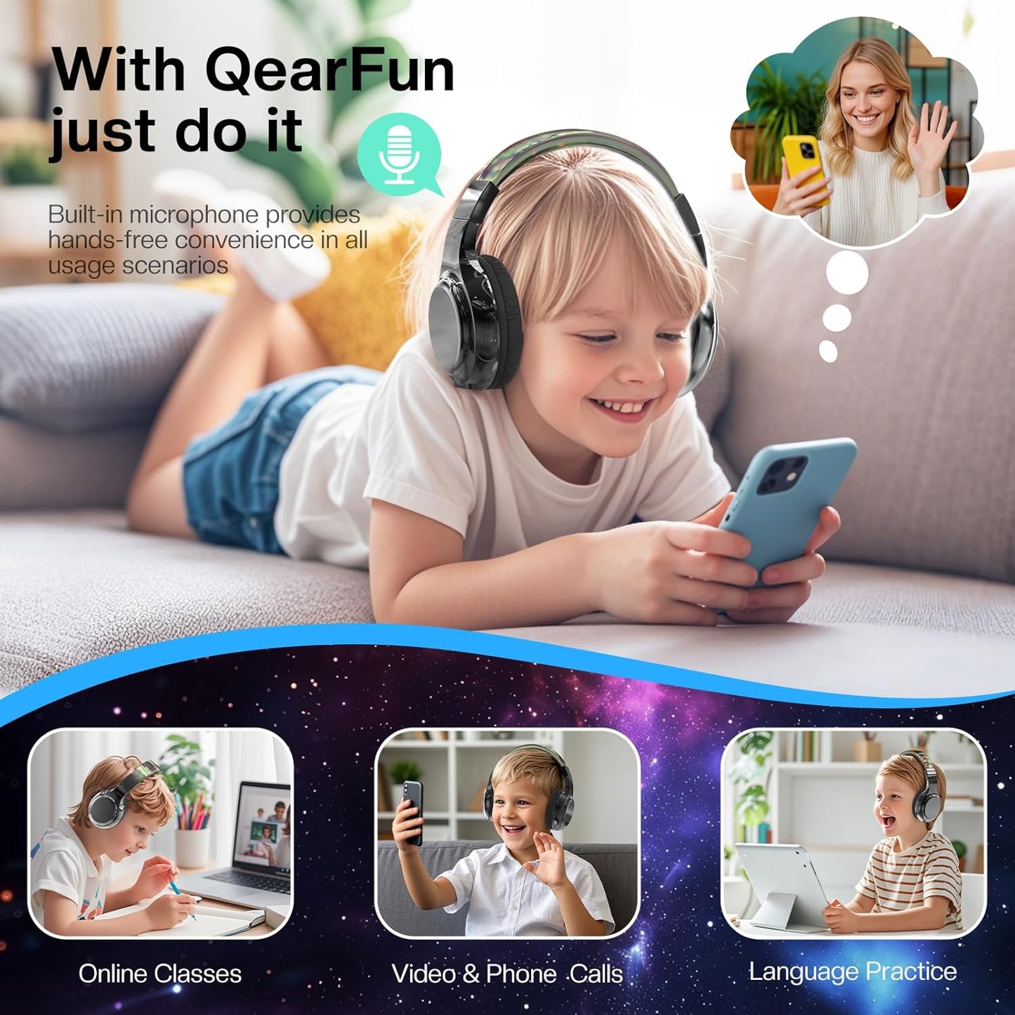 Kids Bluetooth 5.3 Headphones, Wireless Metallic Gradient Headset, Lightweight Foldable on Ear Headphones with Aux Cord, Fast Charging, Built-In Mic, for School/Travel/Tablet/Ipad