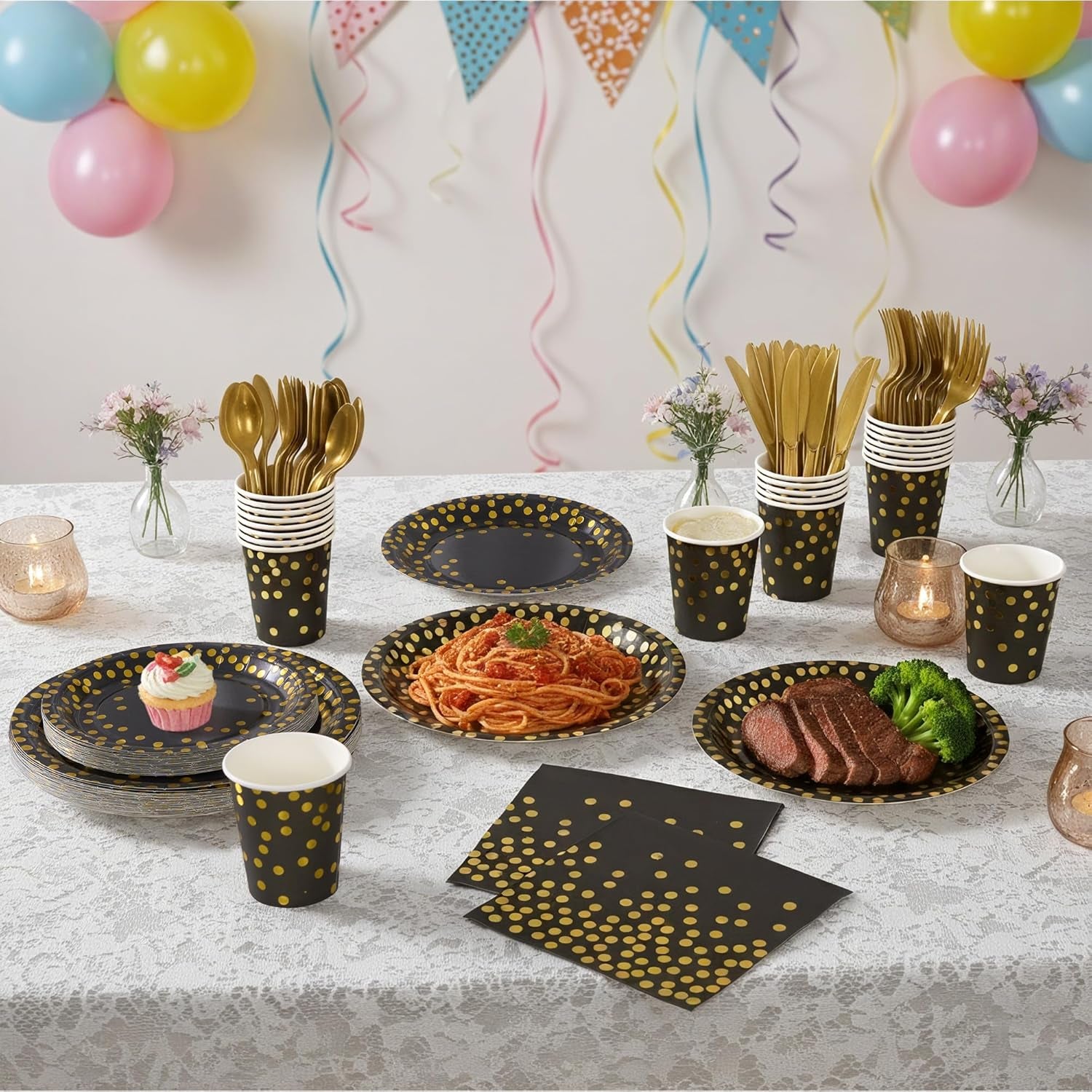 Black and Gold Dot Paper Plates Set, 175 PCS Party Supplies, Disposable Dinnerware Set for 25 Guests, Gold Dot Paper Plates Napkins Cups Gold Plastic Forks Knives Spoons for Wedding Festival