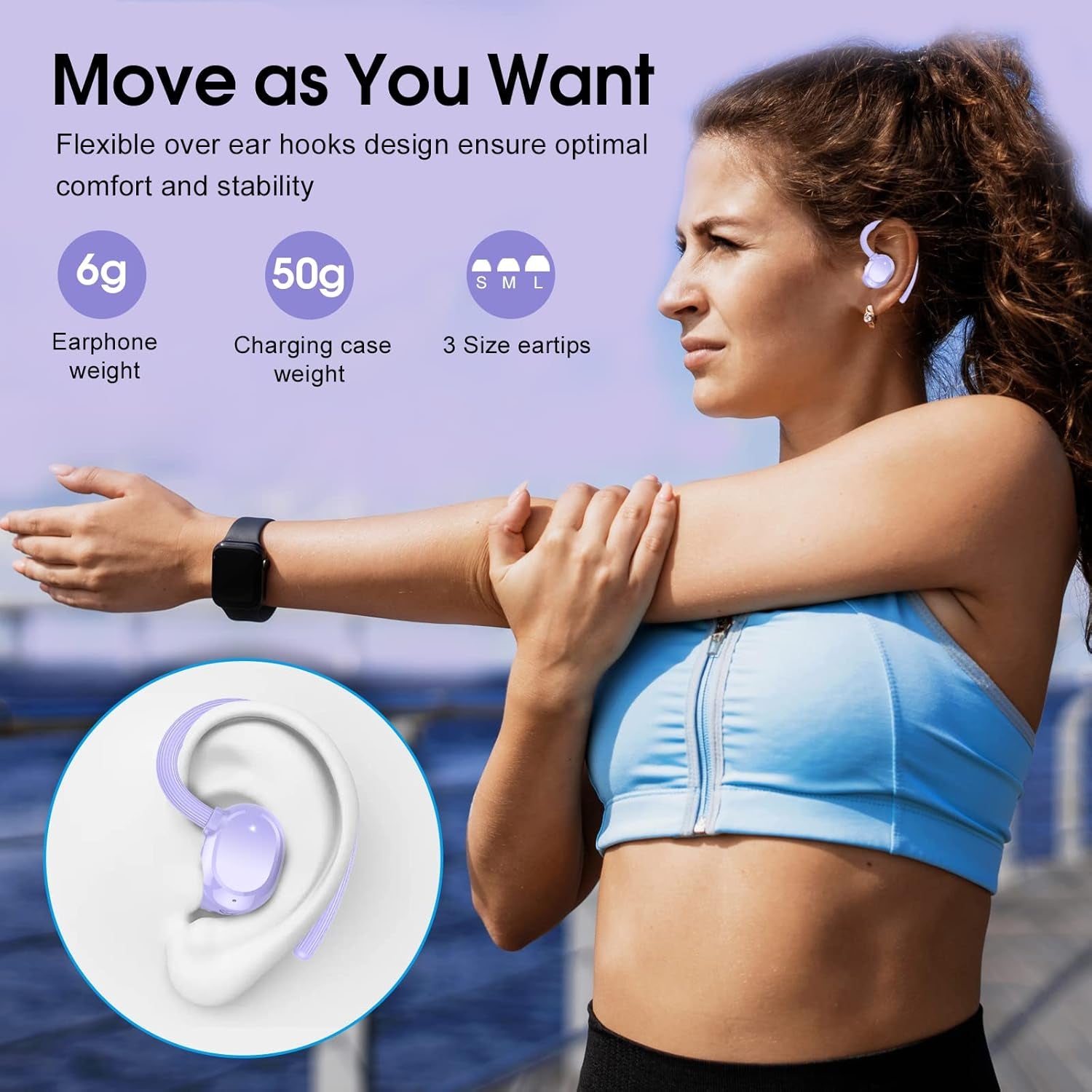 Wireless Earbuds, 2023 New Ultralight Sport Bluetooth 5.3 Headphones in Ear with LED Display, Built-In Mic Earphones, IPX7 Waterproof Wireless Headphones with Earhooks for Gym Workout (Purple)