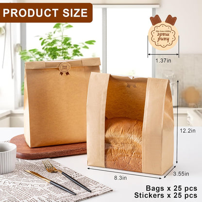 Paper Bread Bags 25PCS, Sourdough Bread Bags for Homemade Bread, Large Bakery Bags with Window Includes 25PCS Label Seal Stickers for Homemade Bread Storage(13.7X8.3X3.5 Inch)