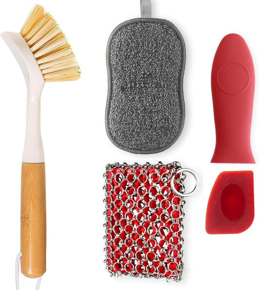 5 Pieces Cast Iron Cleaner Kit Include Stainless Steel Chainmail Scrubber, Dish Scrub Brush, Dual Sided Kitchen Dish Scrubber Sponge, Hot Handle Holder for Cleaning Cast Iron Skillets, Pot & Pans