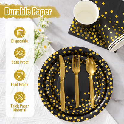 Black and Gold Dot Paper Plates Set, 175 PCS Party Supplies, Disposable Dinnerware Set for 25 Guests, Gold Dot Paper Plates Napkins Cups Gold Plastic Forks Knives Spoons for Wedding Festival