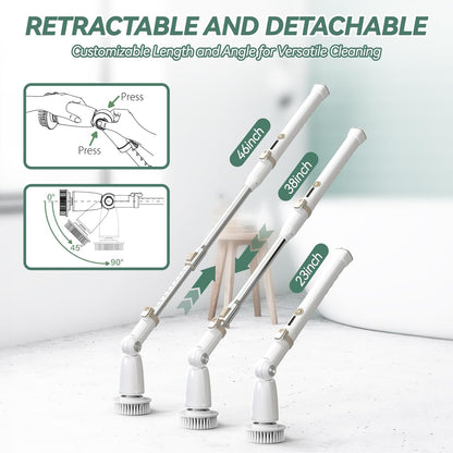 Electric Spin Scrubber, Cordless Cleaning Brush with 8 Replaceable Brush Heads and Detachable & Adjustable Extension Handle, Dual Speed Shower Scrubber for Cleaning Shower, Tile, Wall, Floor