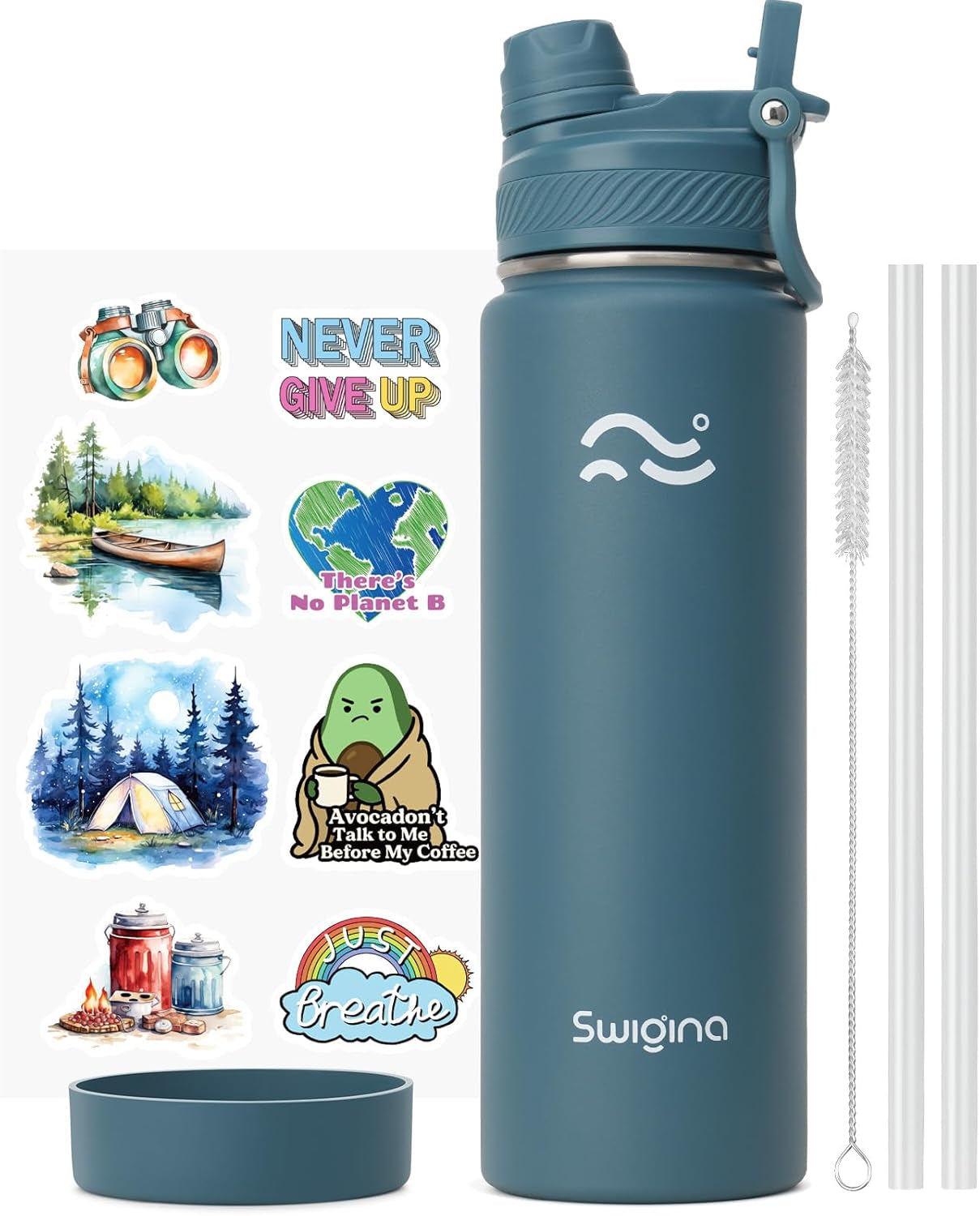 [2-IN-1 LID] Insulated Water Bottle with Silicone Boot (36Hrs Cold/18Hrs Hot) - DIY Stickers, Leakproof, BPA Free, 24 Oz
