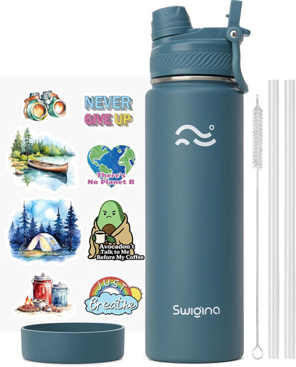 [2-IN-1 LID] Insulated Water Bottle with Silicone Boot (36Hrs Cold/18Hrs Hot) - DIY Stickers, Leakproof, BPA Free, 24 Oz