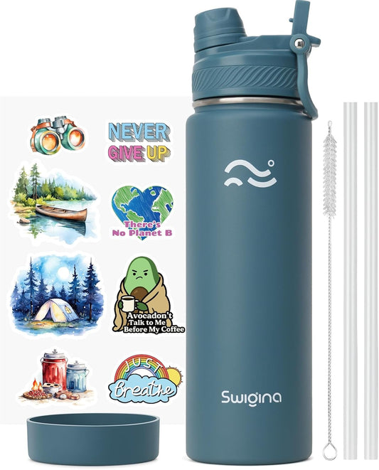 [2-IN-1 LID] Insulated Water Bottle with Silicone Boot (36Hrs Cold/18Hrs Hot) - DIY Stickers, Leakproof, BPA Free, 24 Oz