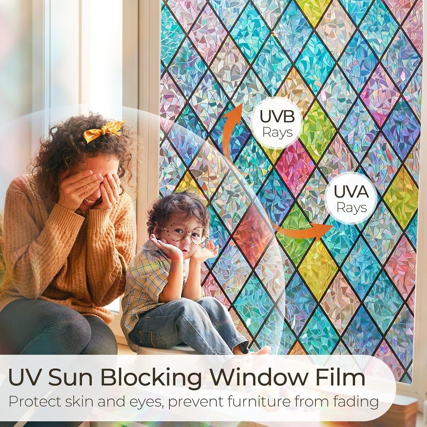 Window Privacy Film Stained Glass, Rainbow Window Film Decorative for Bathroom, Peel and Stick Window Cling Removable(Lattice,17.7 X 78.7 Inches)