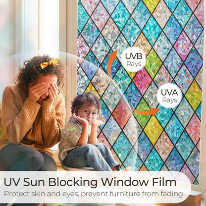 Window Privacy Film Stained Glass, Rainbow Window Film Decorative for Bathroom, Peel and Stick Window Cling Removable(Lattice,17.7 X 78.7 Inches)
