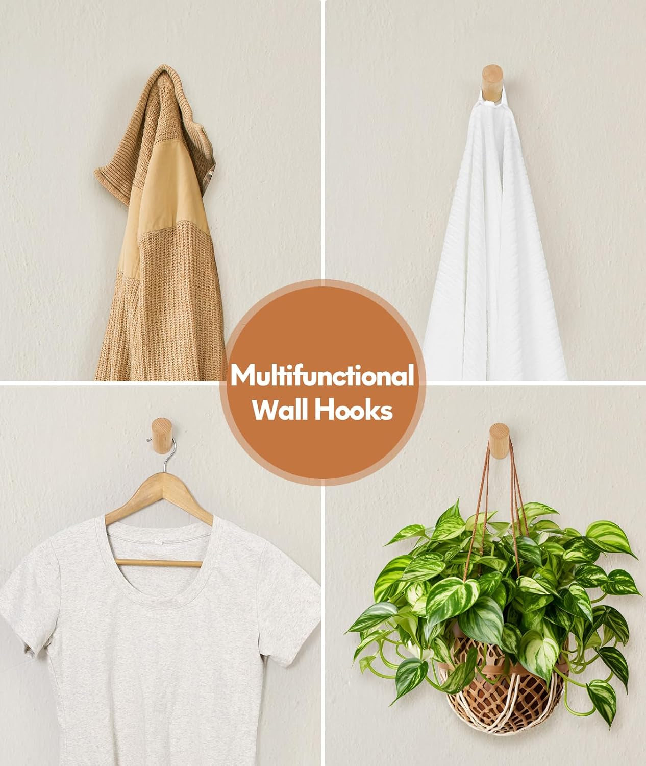 Wood Wall Hooks for Hanging, 4 Pack Hat Hook for Walls, Coat Hook Wall Mount, Backpack Hooks for Walls, Bathroom Towel Hanger (Natural)