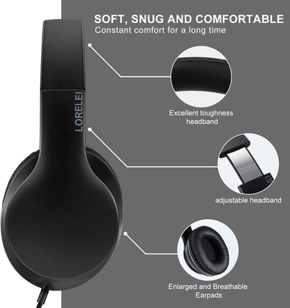 X6 Over-Ear Headphones with Microphone, Lightweight Foldable & Portable Stereo Bass Headphones with 1.45M No-Tangle, Wired Headphones for Smartphone Tablet MP3 / 4 (Space Black)