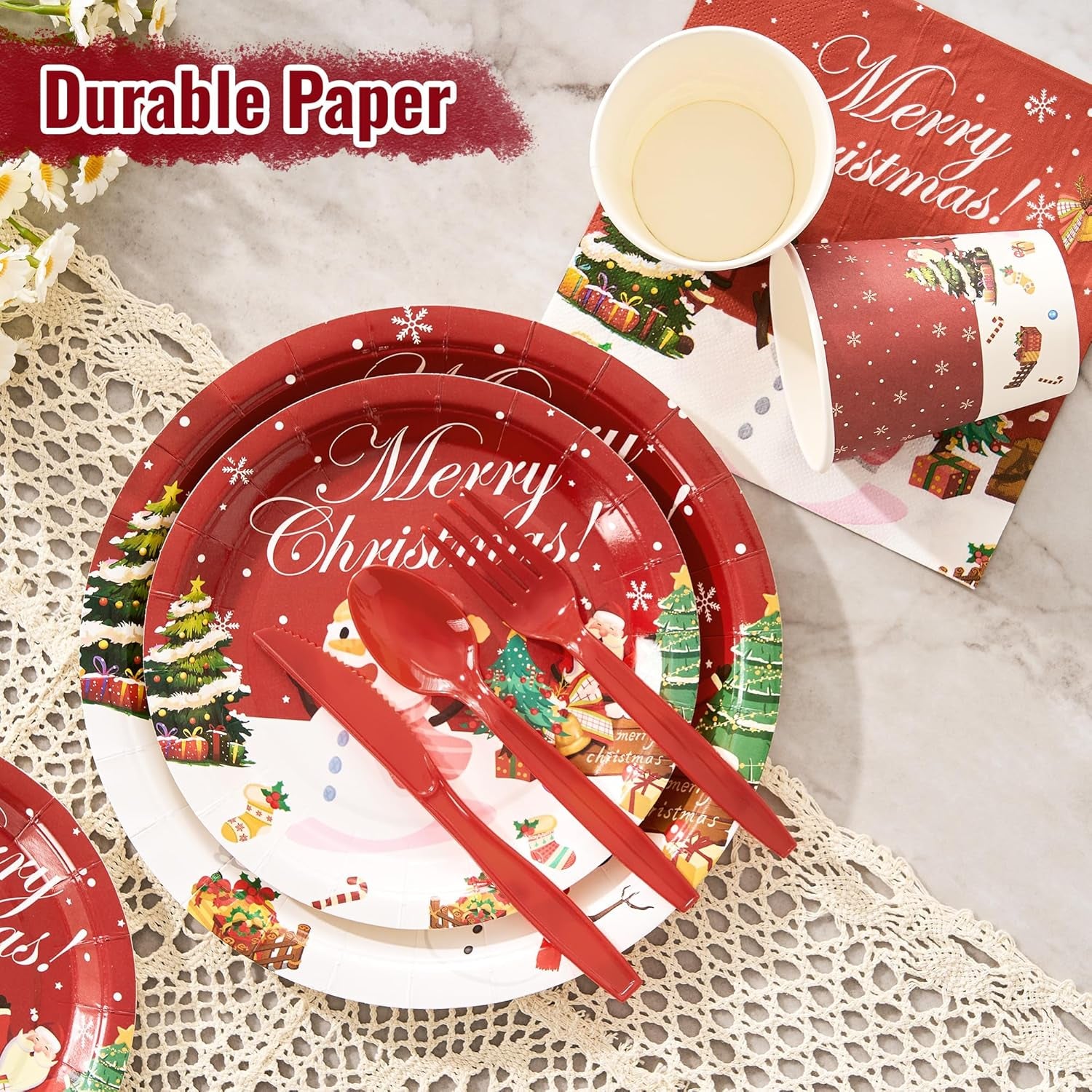 Christmas Paper Plates Set, 350 PCS Santa Gifts and Snowman Party Supplies, Disposable Dinnerware Set for 50 Guests, Paper Plates Napkins Cups for Christmas Eve