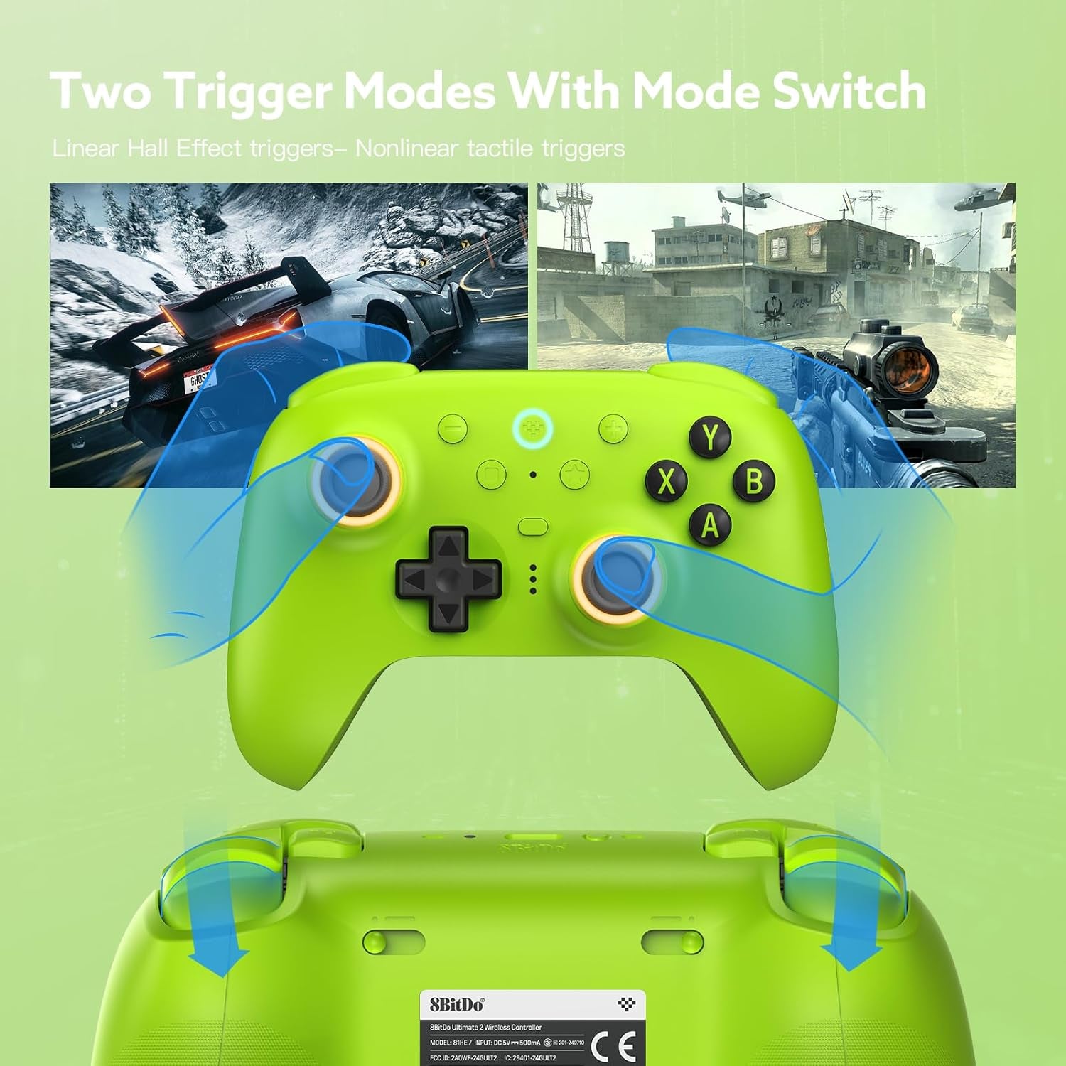 Ultimate 2 Wireless 2.4G Controller for Windows Android, TMR Joystick, Adjustable Trigger Locks, Star-Ring RGB Lights, Gamepad with Charging Dock (Green)