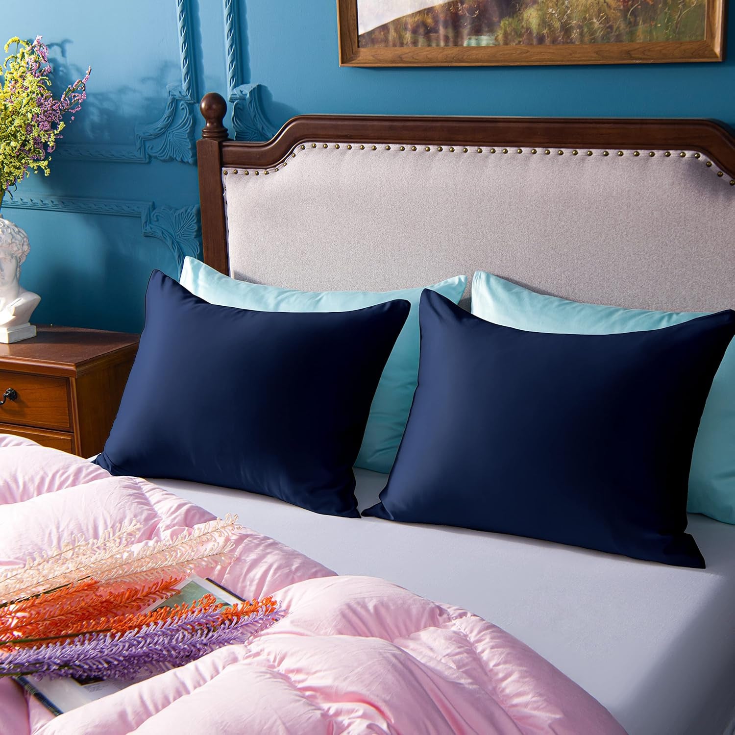 Zippered Satin Pillow Cases for Hair and Skin, Luxury Standard Hidden Zipper Pillowcases Set of 2, 20X26 Inches, Navy Blue