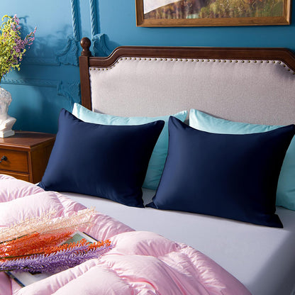 Zippered Satin Pillow Cases for Hair and Skin, Luxury Standard Hidden Zipper Pillowcases Set of 2, 20X26 Inches, Navy Blue