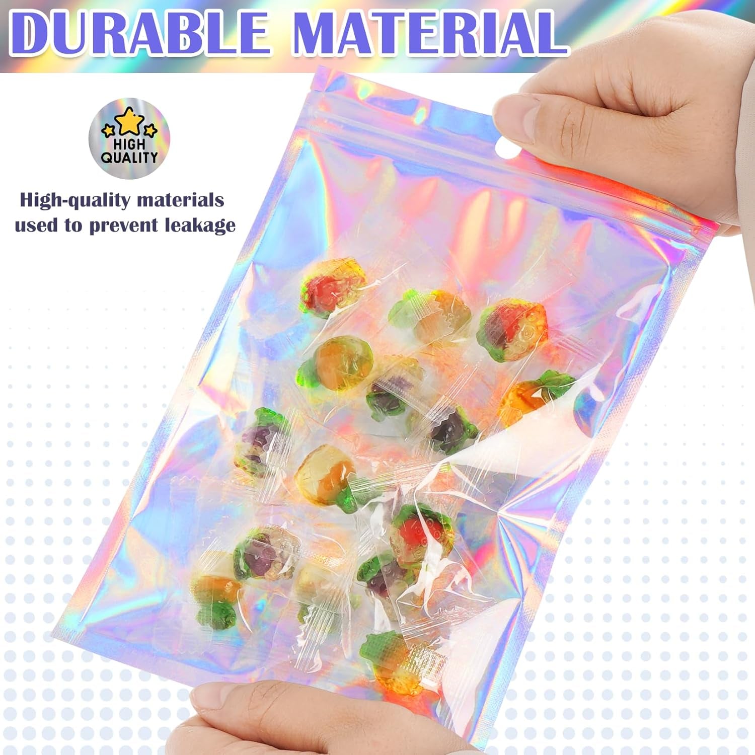 100 Pcs Resealable Mylar Bags, Smell Proof Goodie Bags with Clear Window, Small Holographic Bags for Halloween, Gift, Candy, Bracelet, Keychain, Treat, Product, Sealable Plastic Bags