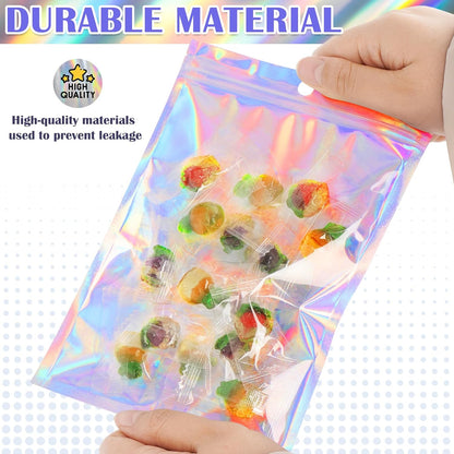 100 Pcs Resealable Mylar Bags, Smell Proof Goodie Bags with Clear Window, Small Holographic Bags for Halloween, Gift, Candy, Bracelet, Keychain, Treat, Product, Sealable Plastic Bags