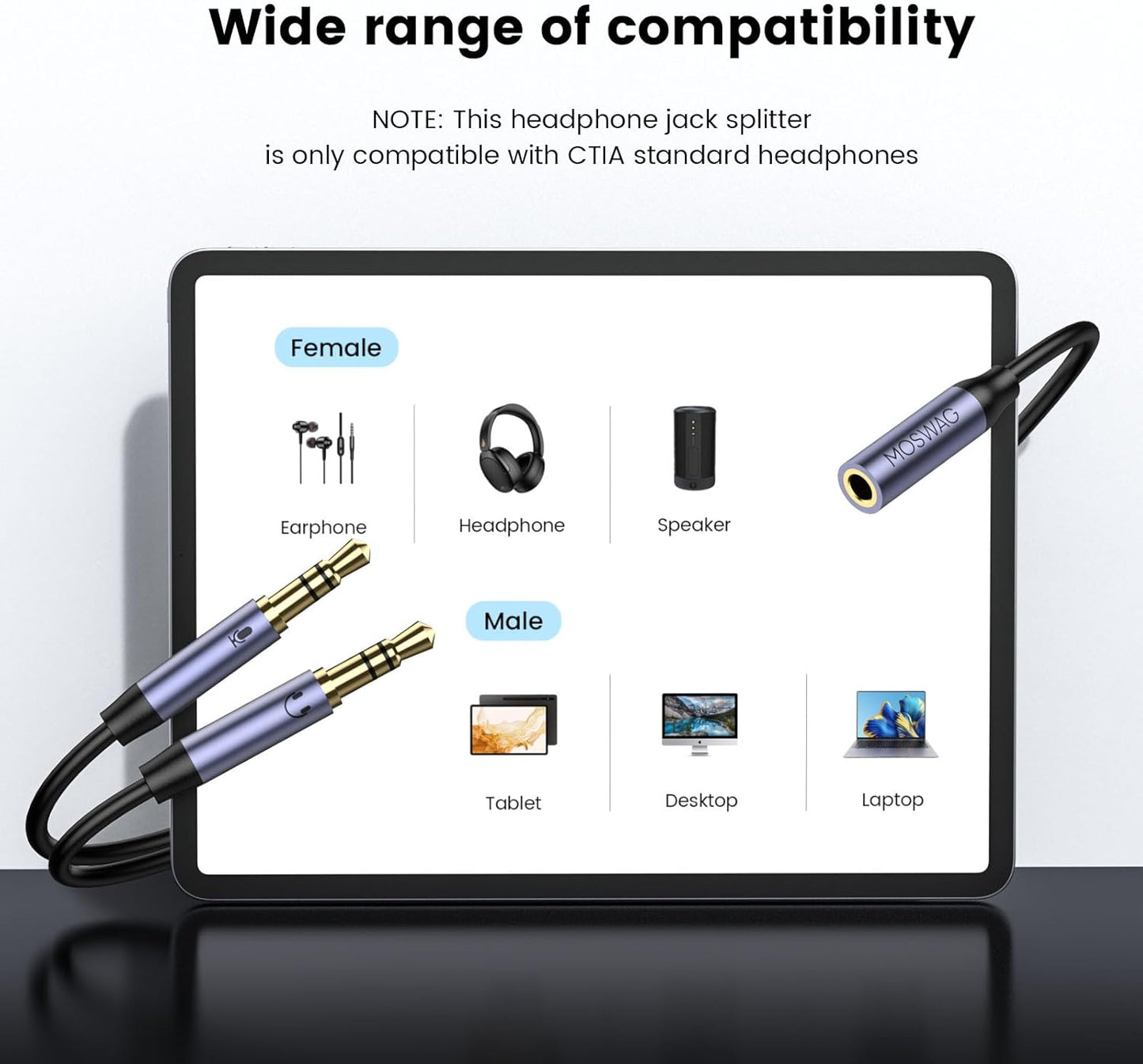 Headphone Splitter for Computer, 3.5Mm Female to 2 Dual 3.5Mm Male Cable for PC Gaming, Headphone Mic Splitter for PC 24K Gold-Plated with Noise Cancellation for Laptop/Speakers/Mic