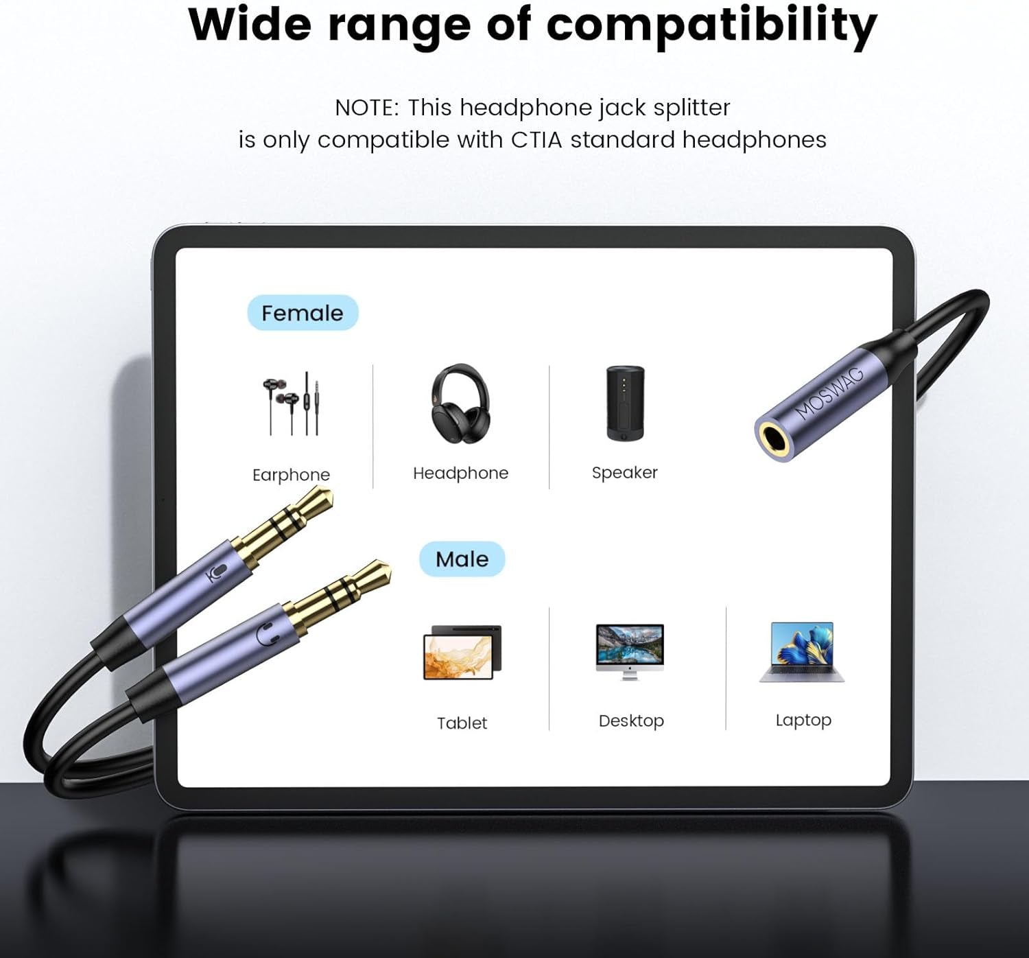 Headphone Splitter for Computer, 3.5Mm Female to 2 Dual 3.5Mm Male Cable for PC Gaming, Headphone Mic Splitter for PC 24K Gold-Plated with Noise Cancellation for Laptop/Speakers/Mic