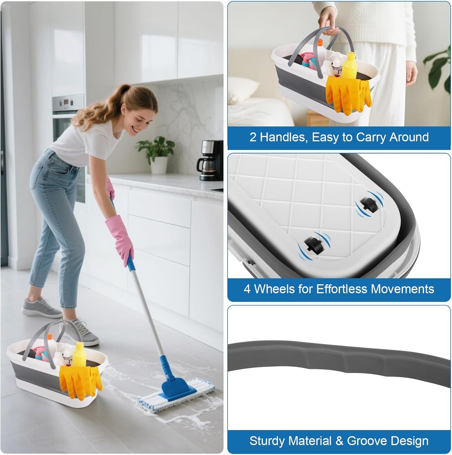 12L Collapsible Mop Bucket with Wheels, Folding Car Wash Bucket for Cleaning Supplies Mopping, Plastic Buckets with Handle Laundry Wash Basin Tub Water Pail for Fishing Camping RV Dorm Room Essentials