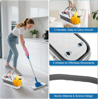 12L Collapsible Mop Bucket with Wheels, Folding Car Wash Bucket for Cleaning Supplies Mopping, Plastic Buckets with Handle Laundry Wash Basin Tub Water Pail for Fishing Camping RV Dorm Room Essentials
