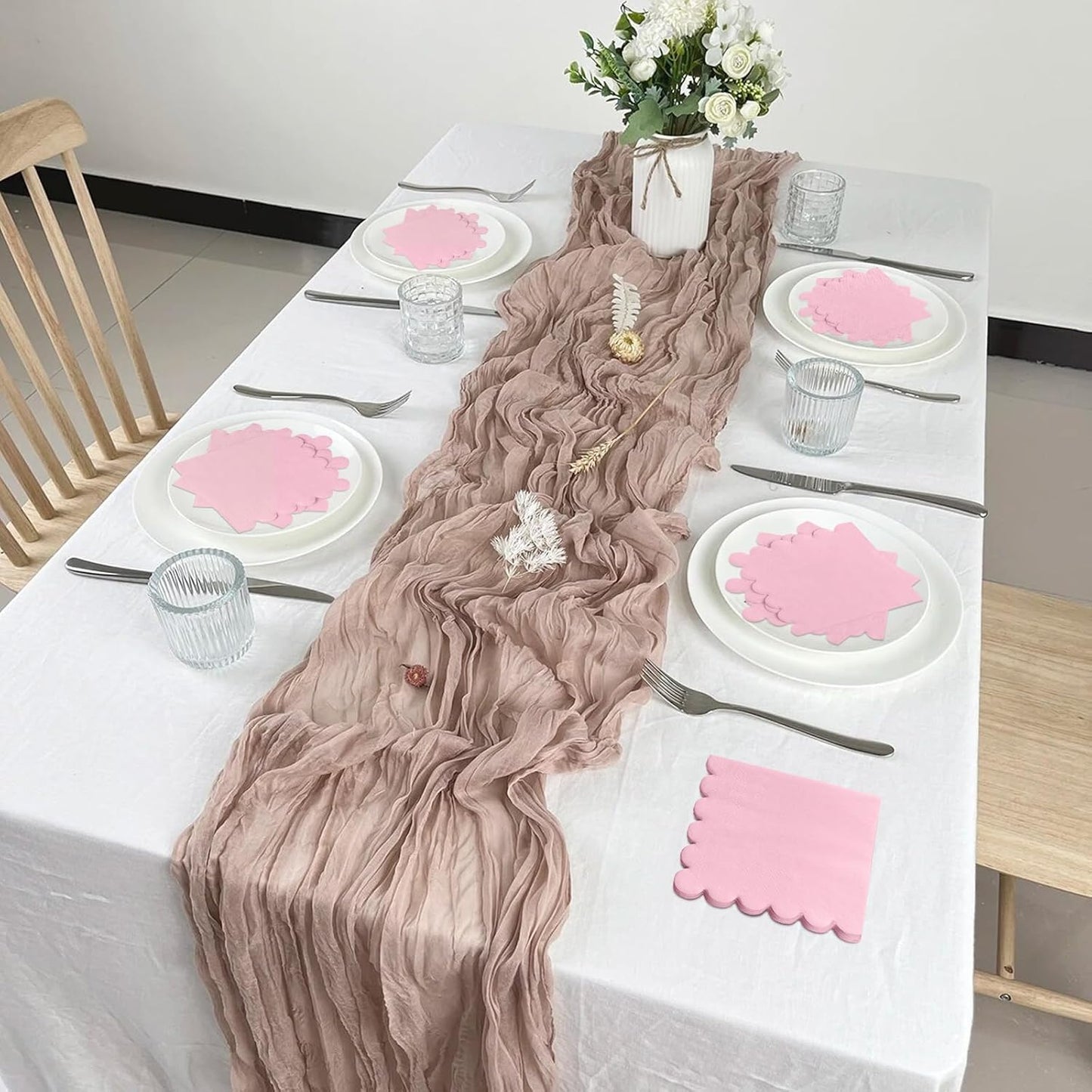 100 Pcs 2-Ply Pink Scalloped Sage Cocktail Napkins Thick Paper Napkins Disposable Party Napkins Beverage Napkins for Birthday, Wedding,Anniversary Party, Baby Shower 5 X 5 Inches (Light Pink)