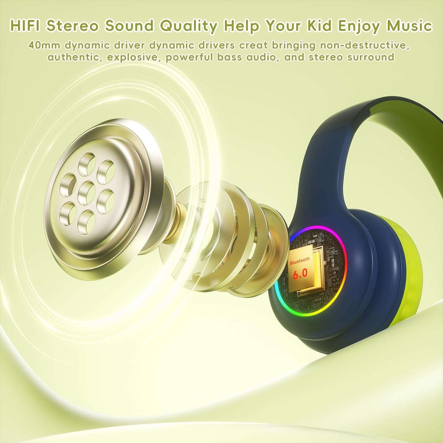 Kids Bluetooth 6.0 Headphones with LED Light, 85Hours Playtimes, Type-C Fast Charging, 85/94Db Volume Limited, Wireless Headphones with Built-In Mic, Wired & TF Card Mode, Blue and Green