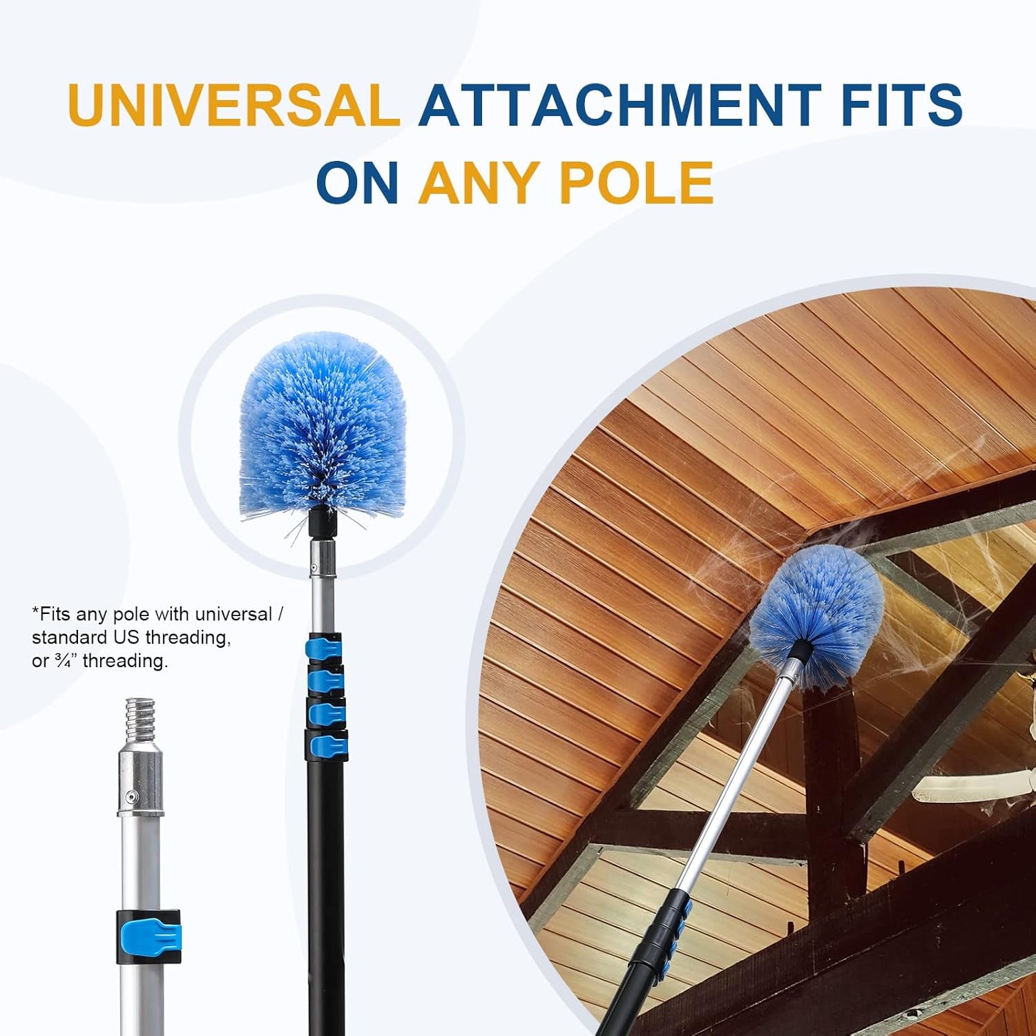 Twist-On Cobweb Duster Head Brush, Fits Standard 3/4 Inch Threaded Poles, Attachment Spider Web Duster Brush for Outdoor & Indoor Cleaning