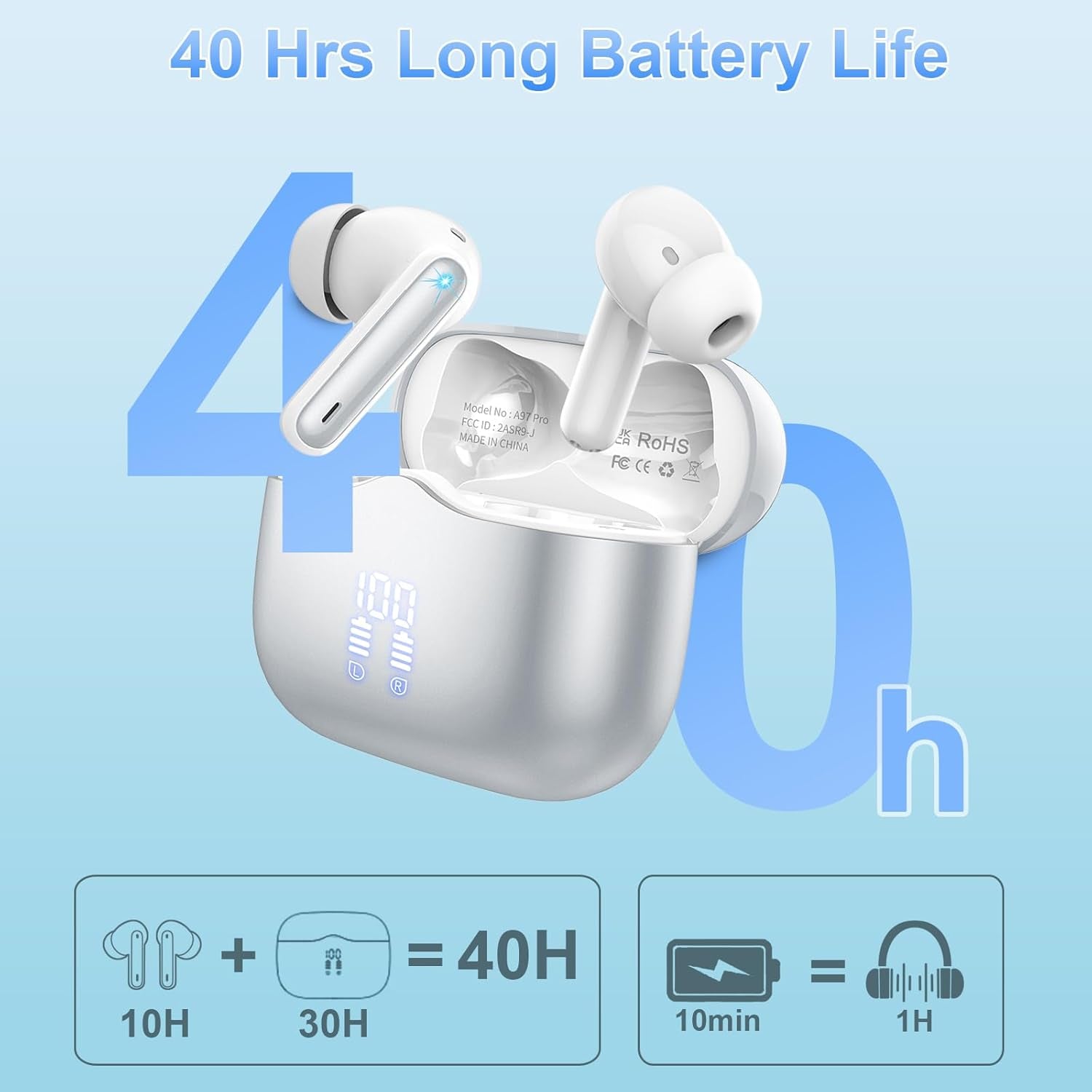 Wireless Earbuds, Bluetooth 5.4 Headphones in Ear with 4 ENC Noise Cancelling Mic, New Wireless Earphones Hifi Stereo Deep Bass 40H Playtime, In-Ear Bluetooth Earbuds LED Display IP7, USB-C, Silver