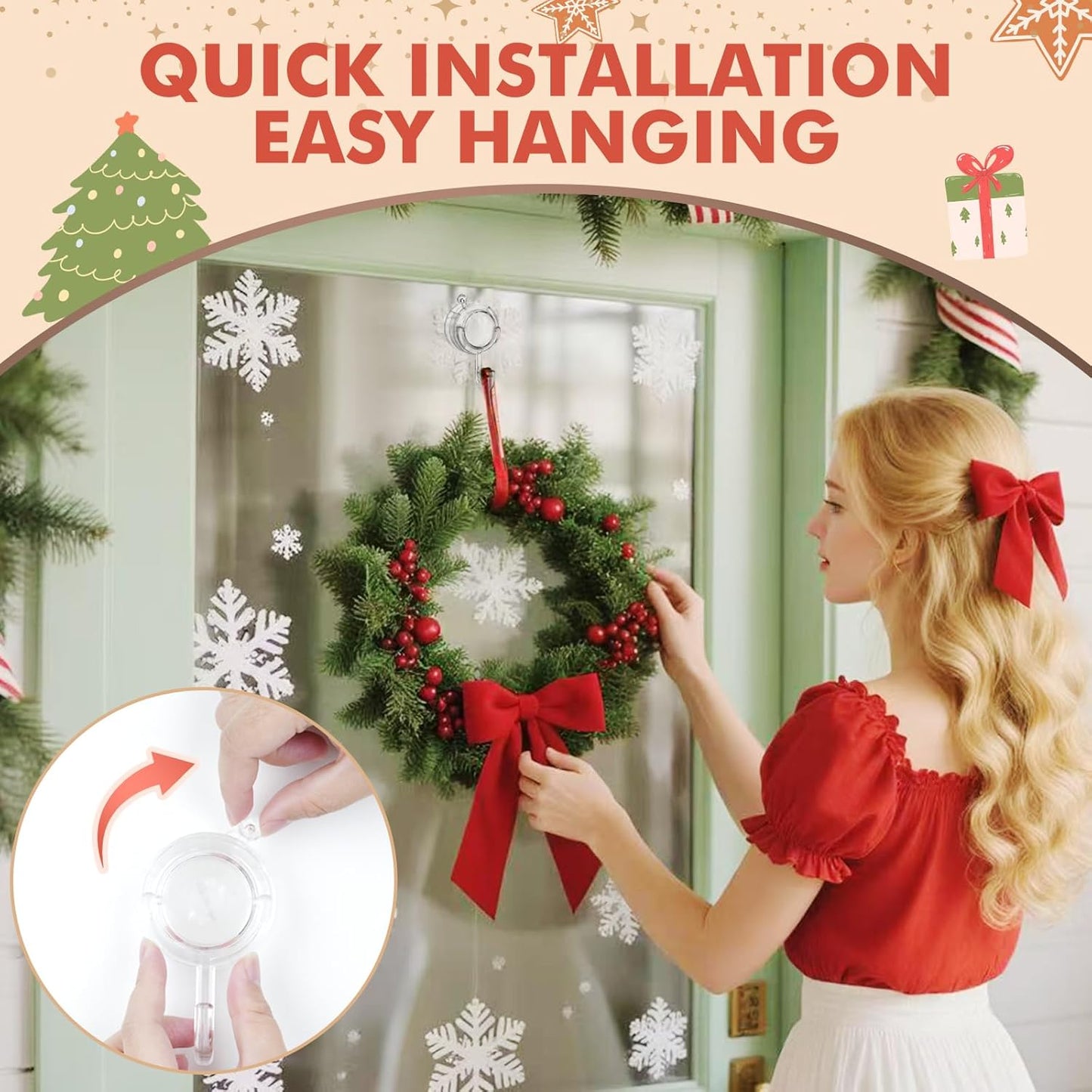 Wreath Hanger, Large Twist Lock Suction Cup Wreath Hooks, Heavy Duty, 22 LB Capacity, Removable and Reusable, Round, Clear, 2 Pcs